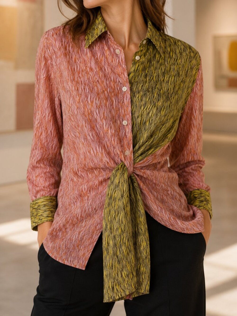 Beatrice .b Italia Silk Blend Scratch Print Patchwork Tunic Shirt Size 2